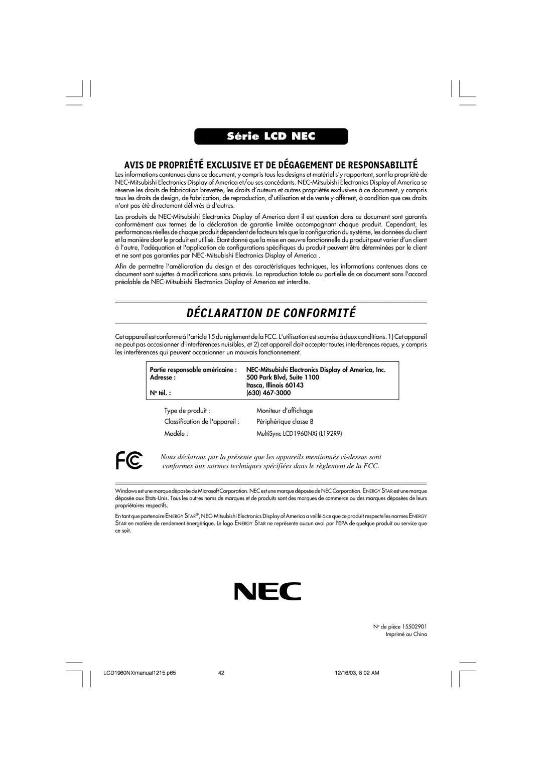 NEC LCD1960NXI manual Déclaration DE Conformité 