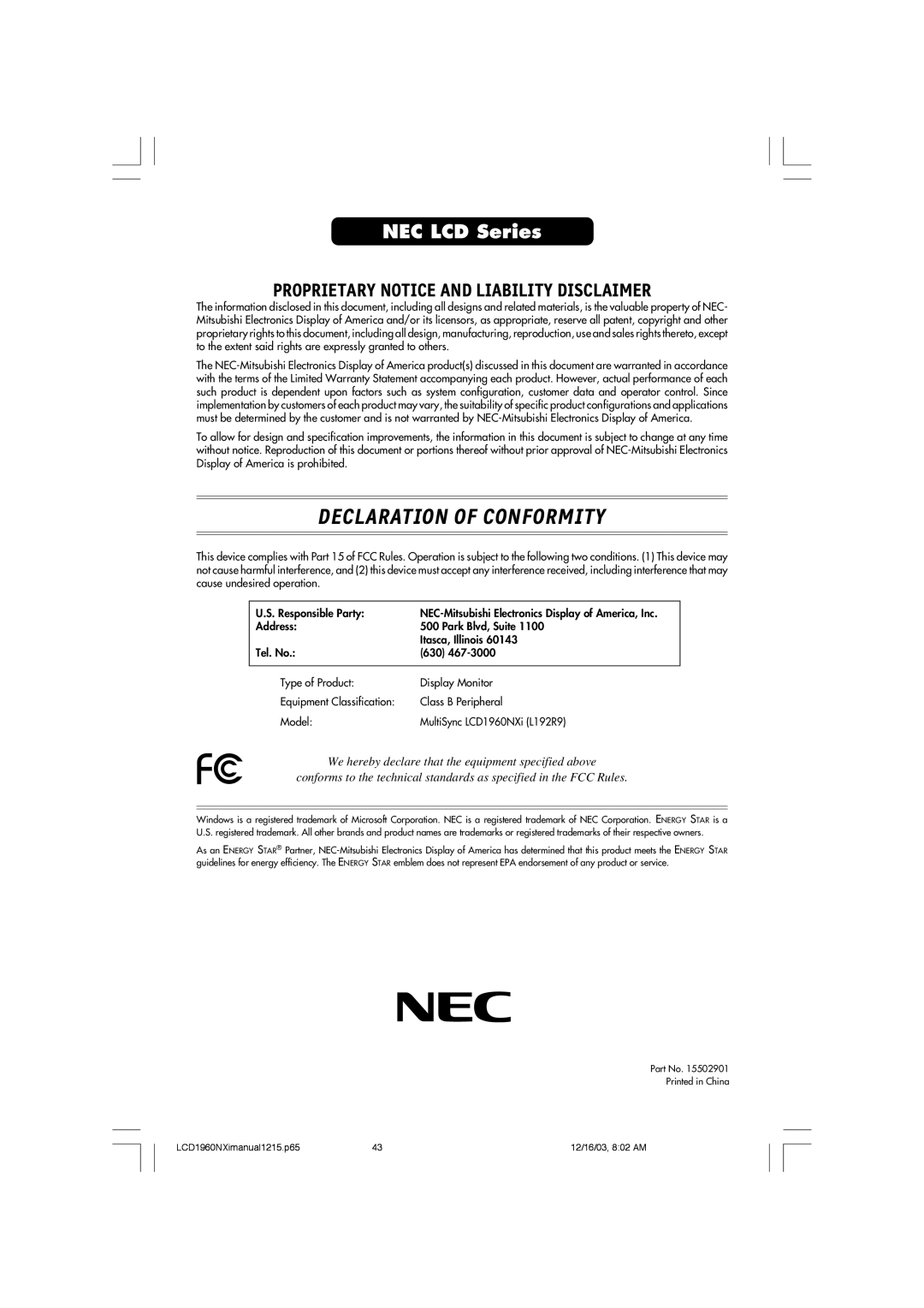 NEC LCD1960NXI manual Declaration of Conformity 