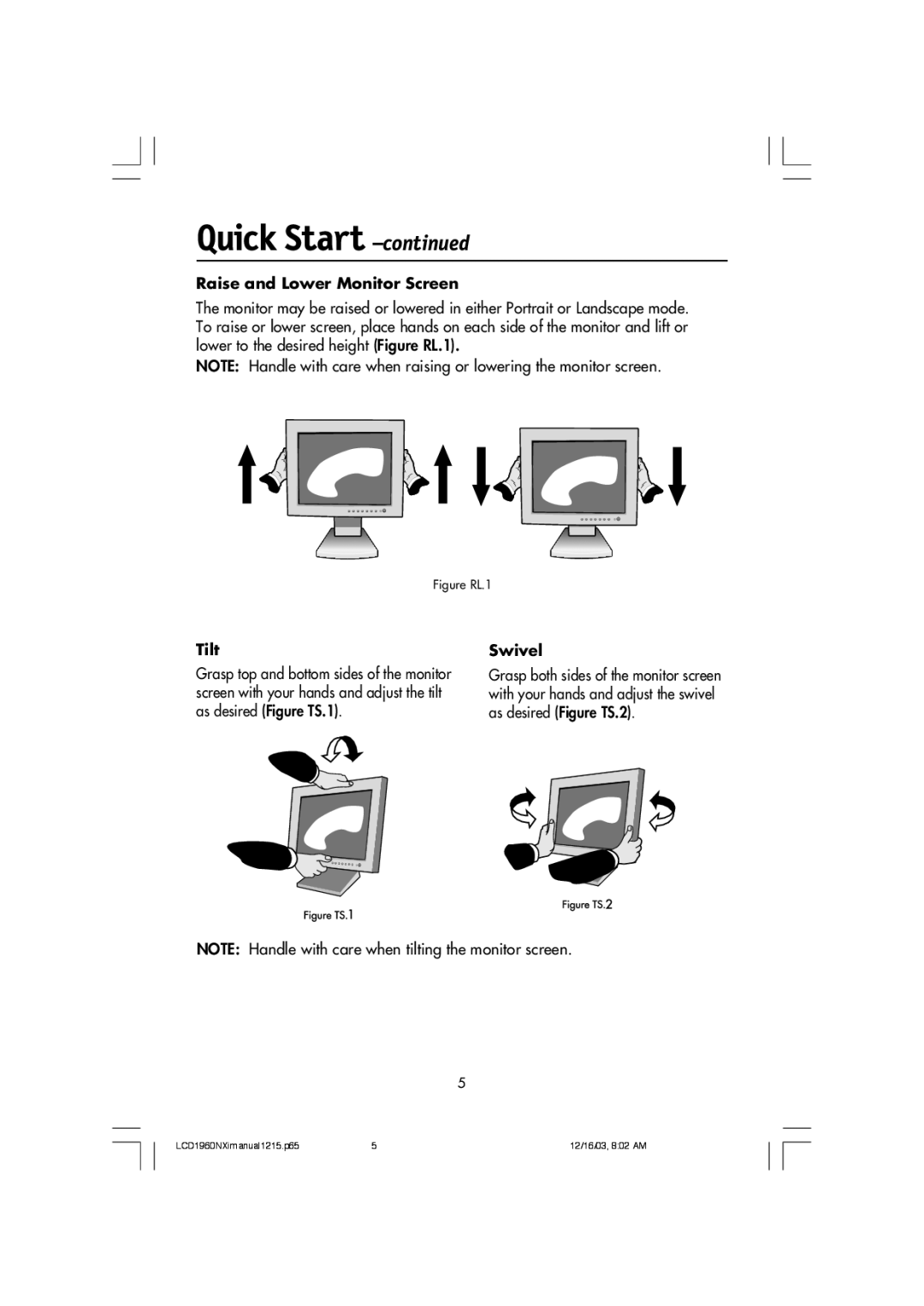 NEC LCD1960NXI manual Raise and Lower Monitor Screen, Tilt, Swivel 