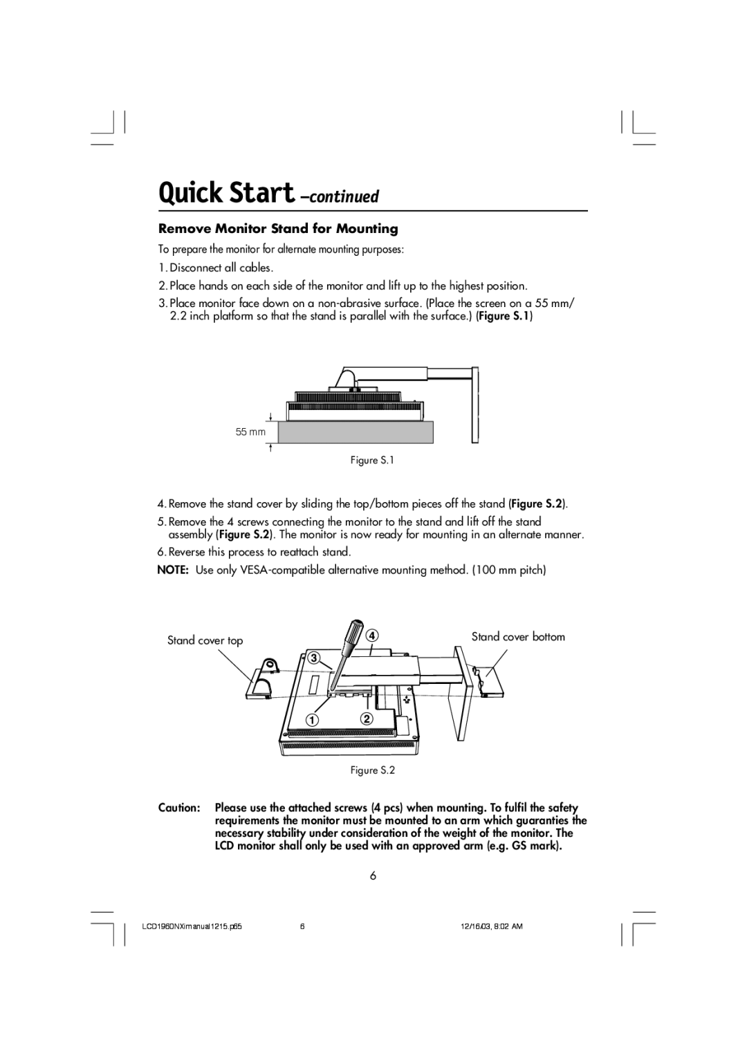 NEC LCD1960NXI manual Remove Monitor Stand for Mounting, Figure S.1 