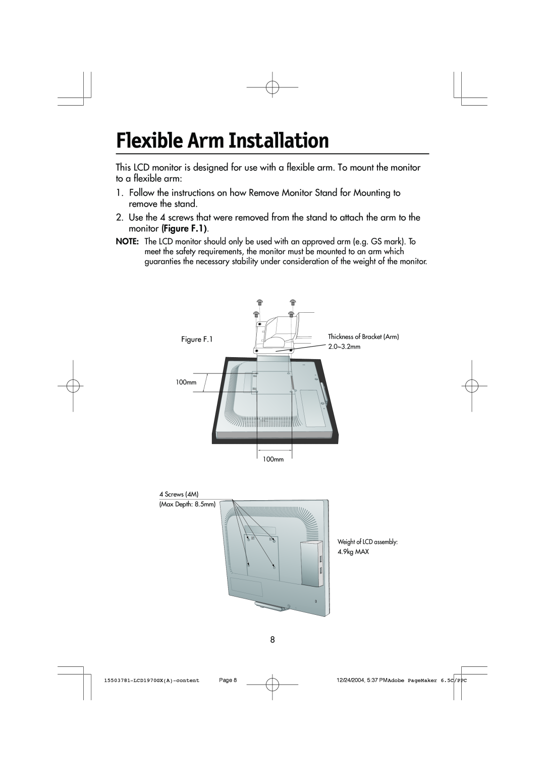 NEC LCD1970GX user manual Flexible Arm Installation 