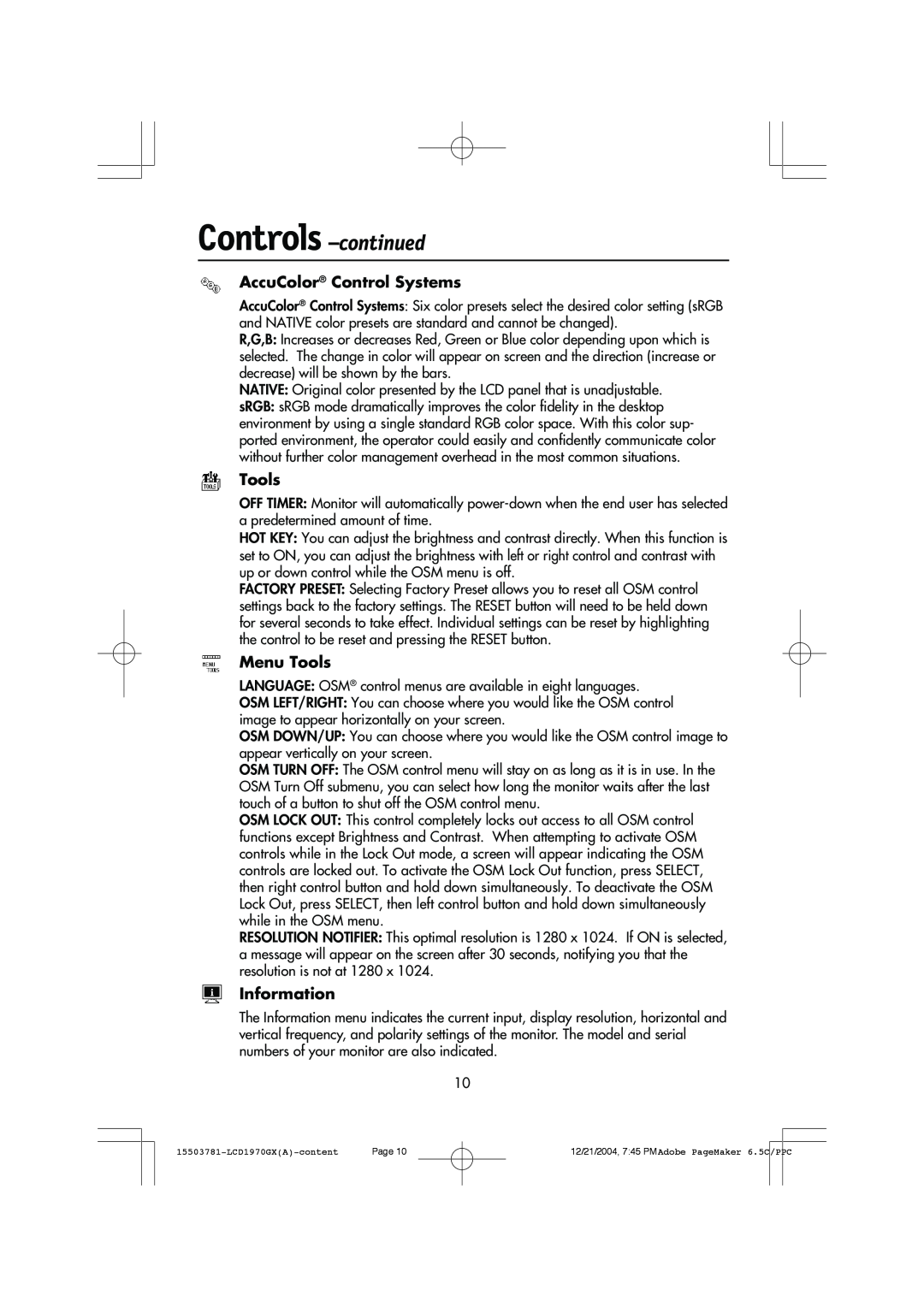 NEC LCD1970GX user manual Controls -continued, AccuColor Control Systems, Menu Tools, Information 