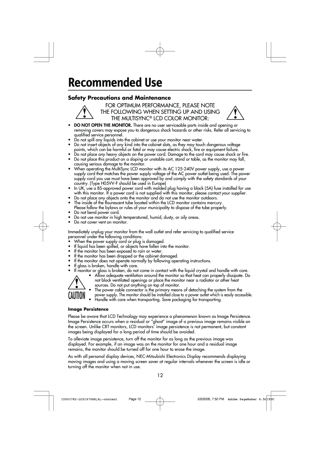 NEC LCD1970GX user manual Recommended Use, Safety Precautions and Maintenance 