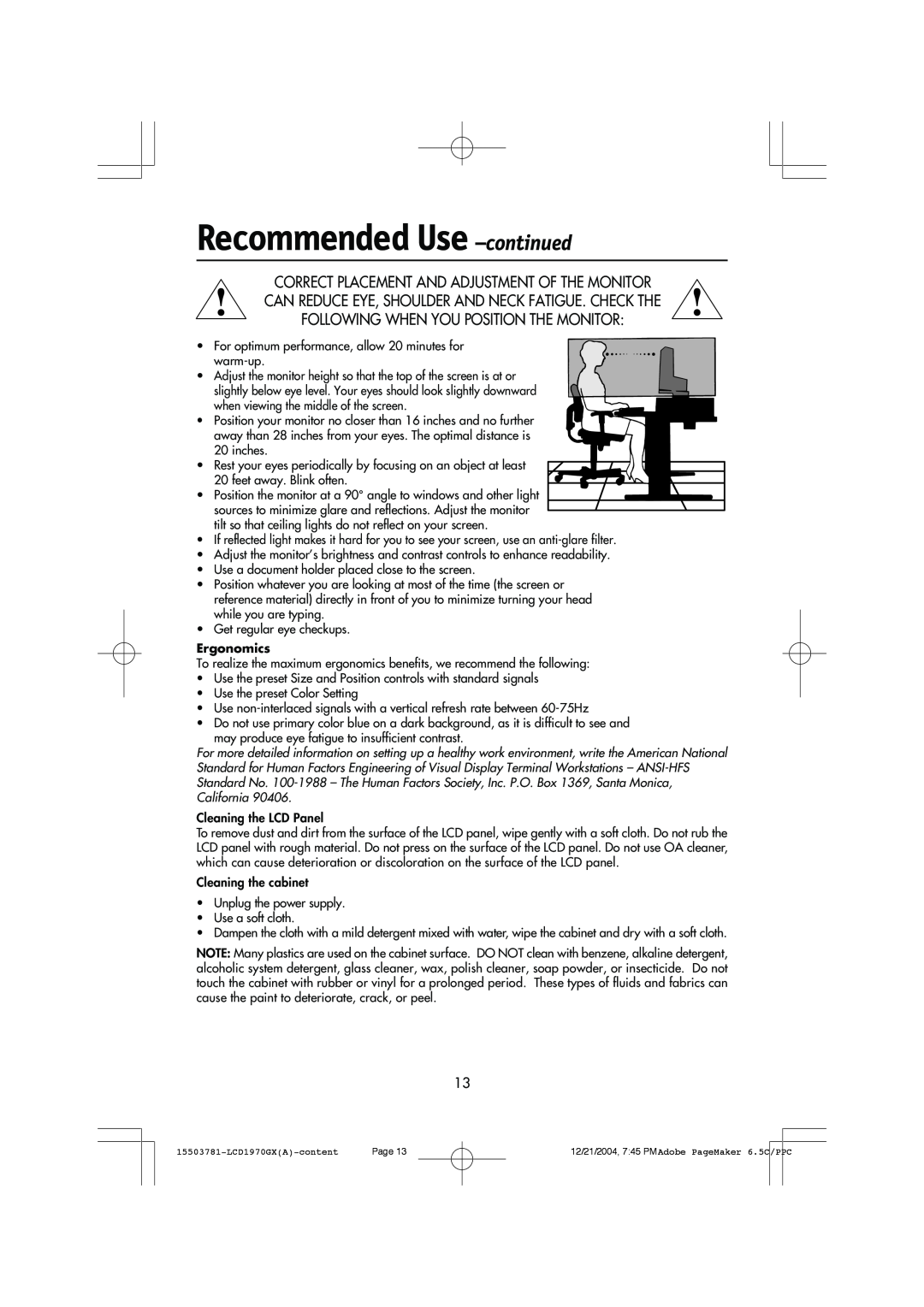 NEC LCD1970GX user manual Recommended Use -continued, Correct Placement And Adjustment Of The Monitor 