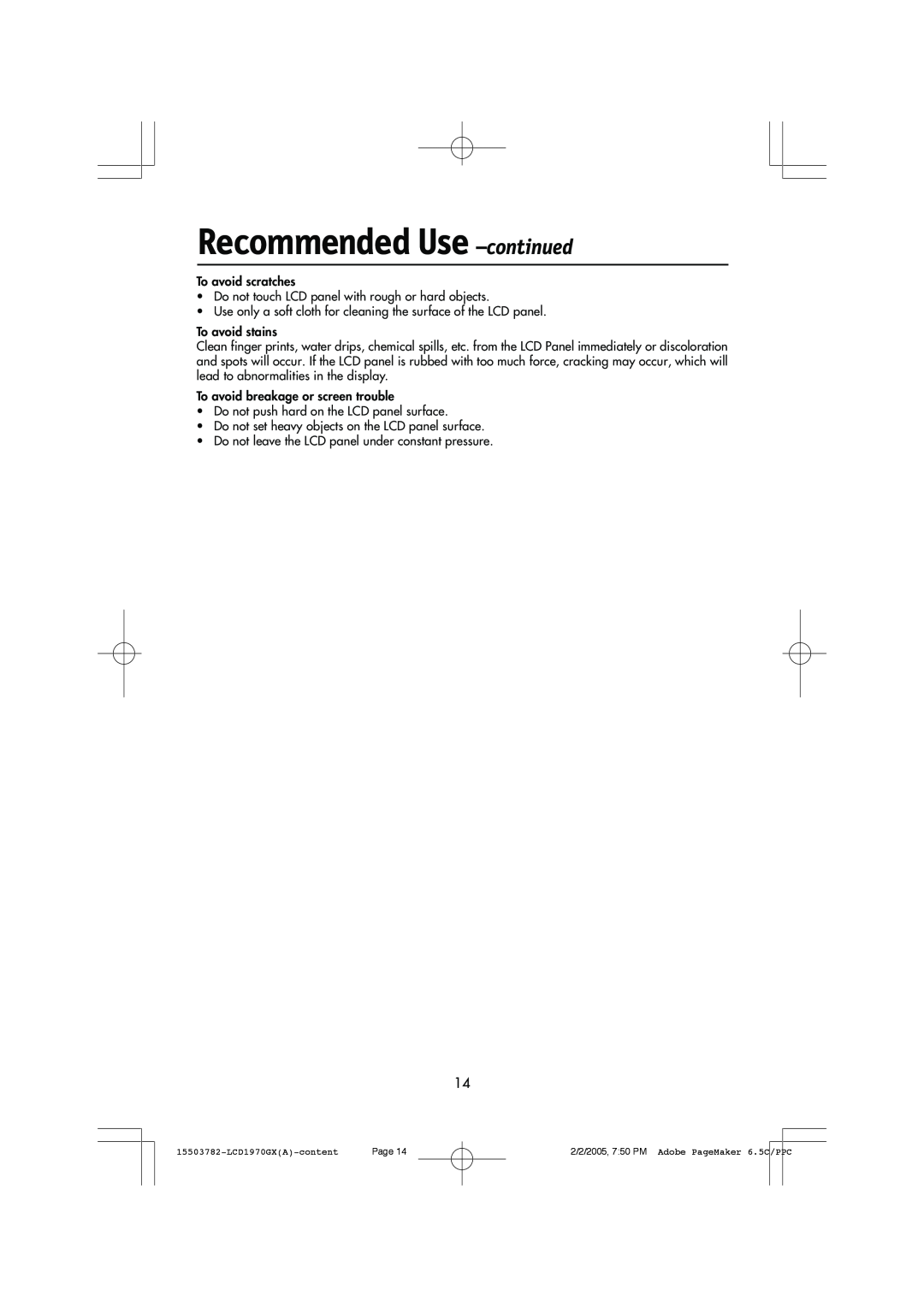 NEC LCD1970GX user manual Recommended Use -continued, To avoid scratches 