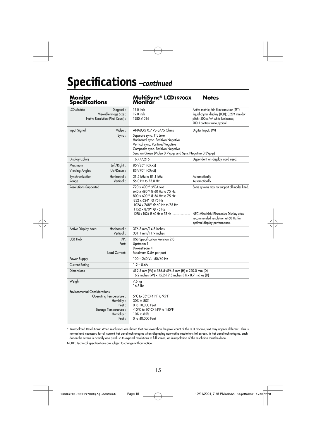 NEC user manual Specifications -continued, Monitor, MultiSync LCD1970GX 