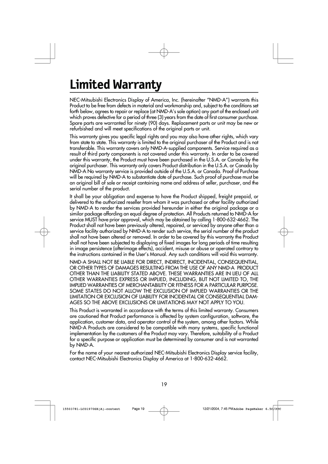 NEC LCD1970GX user manual Limited Warranty 