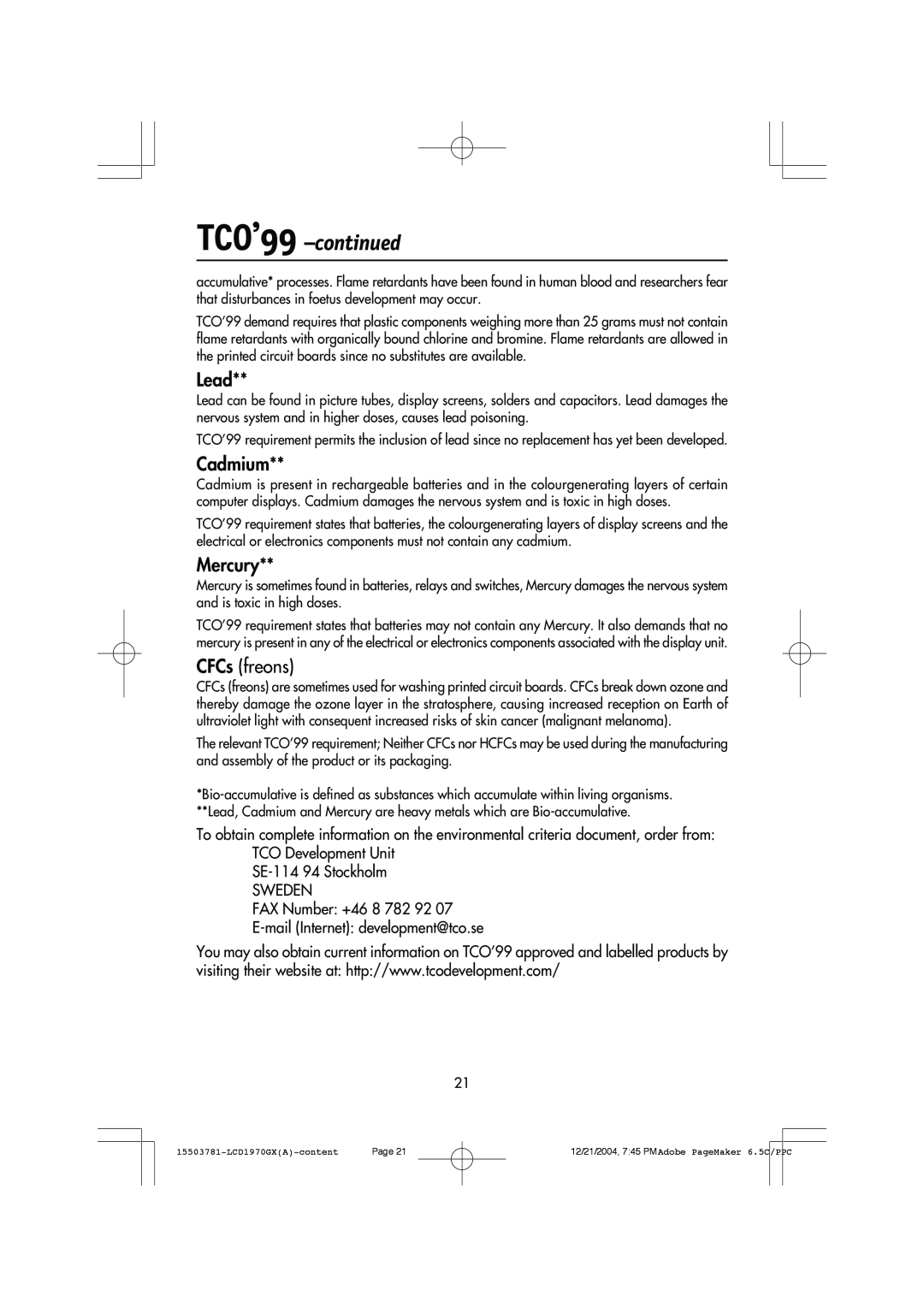 NEC LCD1970GX user manual TCO’99 -continued, Lead, Cadmium, Mercury, CFCs freons 