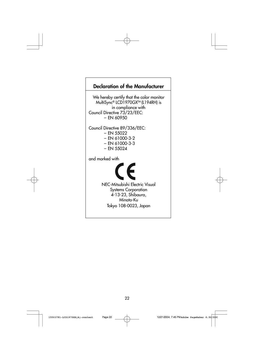 NEC LCD1970GX user manual Declaration of the Manufacturer, Council Directive 73/23/EEC Ð EN, Tokyo 108-0023,Japan, Page 