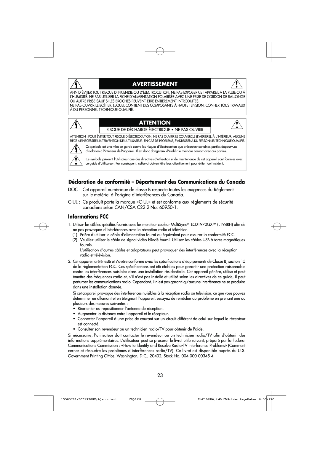 NEC LCD1970GX user manual Informations FCC, Avertissement 
