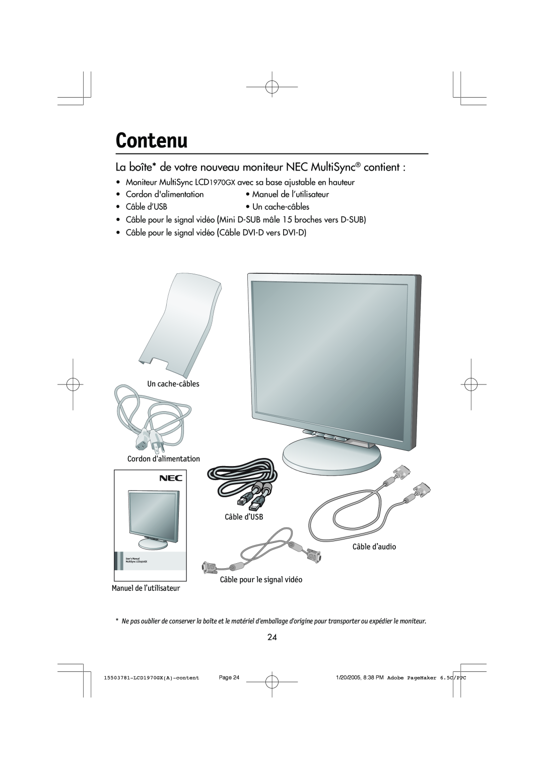 NEC LCD1970GX user manual Contenu 