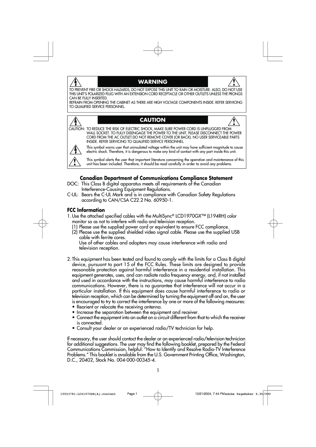 NEC LCD1970GX user manual FCC Information 