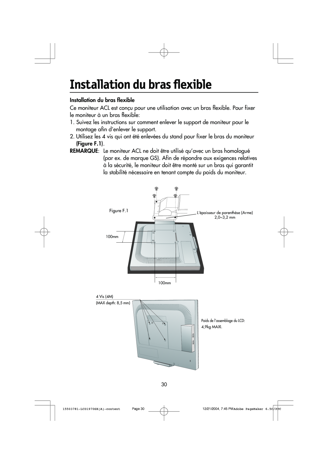 NEC LCD1970GX user manual Installation du bras flexible 