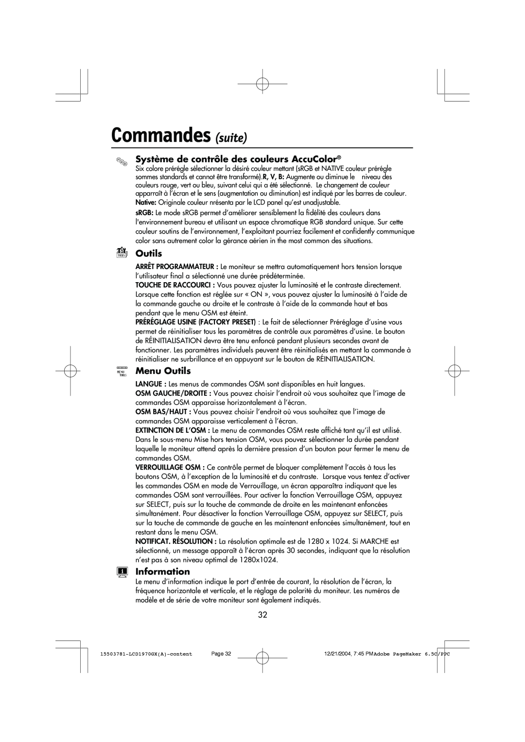 NEC LCD1970GX user manual Commandes suite, Système de contrôle des couleurs AccuColor, Menu Outils, Information 