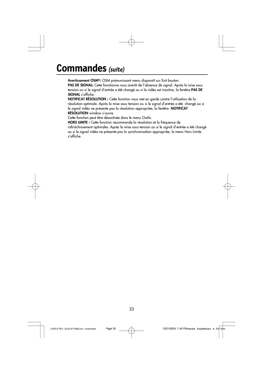 NEC LCD1970GX user manual Commandes suite, Avertissement OSM¨ OSM prŽmunissant menu dispara”t sur Exit bouton 