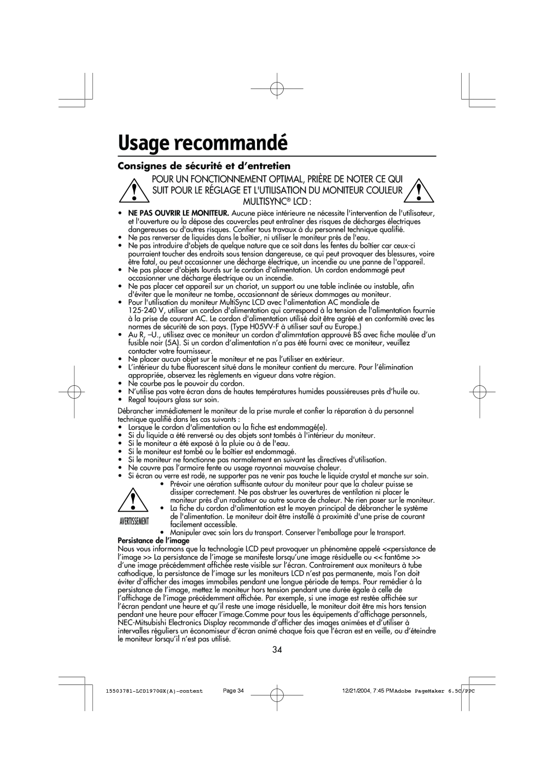 NEC LCD1970GX user manual Usage recommandé, Consignes de sécurité et d’entretien 