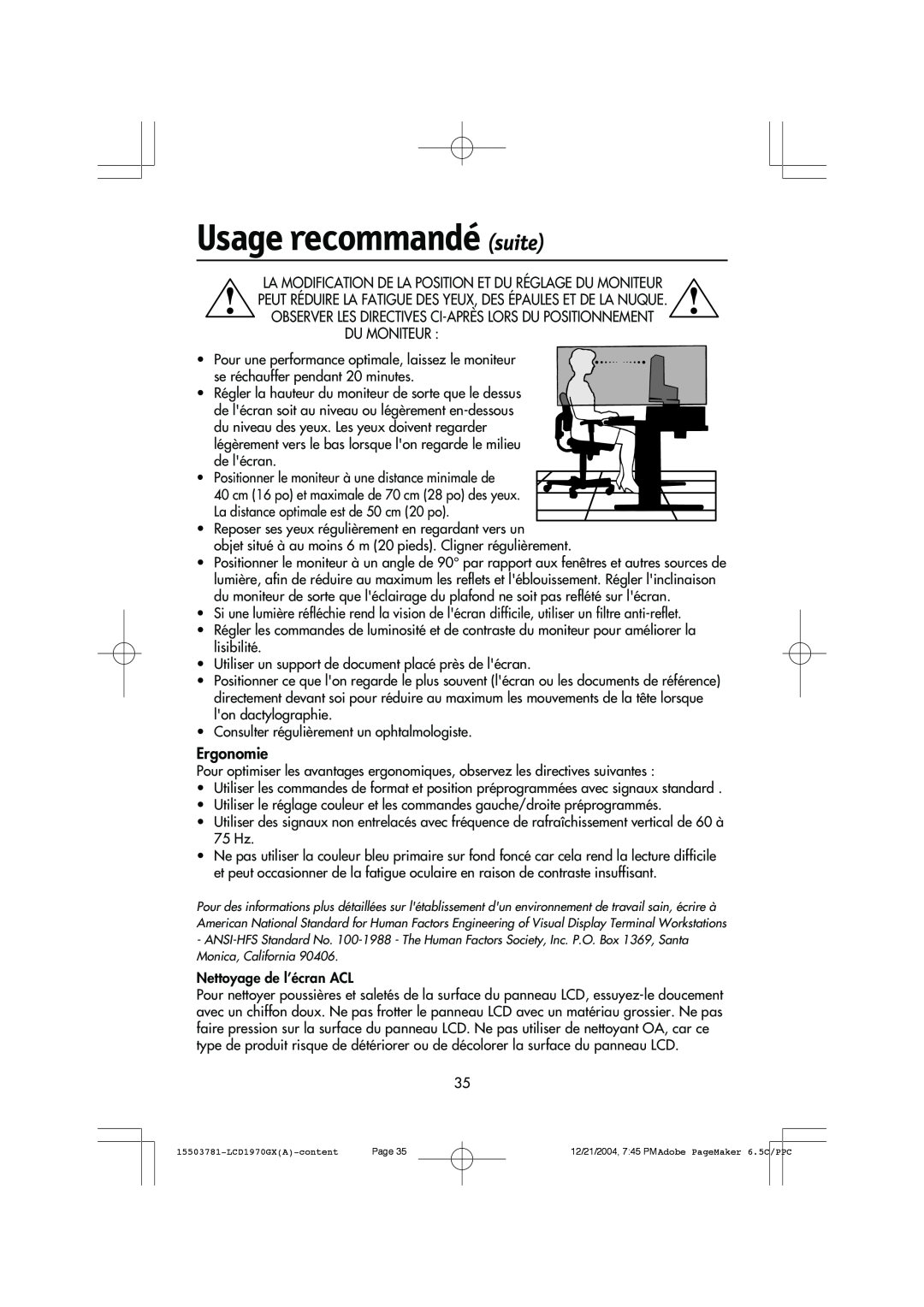 NEC LCD1970GX user manual Usage recommandé suite, Ergonomie 