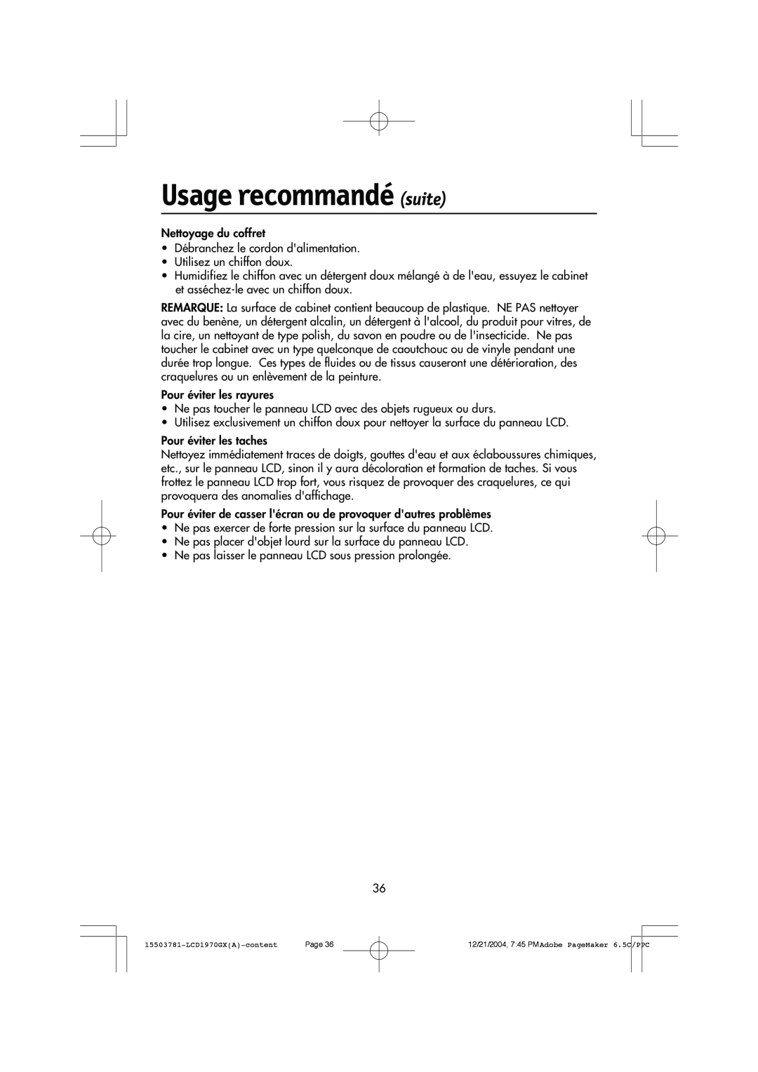NEC LCD1970GX user manual Usage recommandé suite, Nettoyage du coffret 