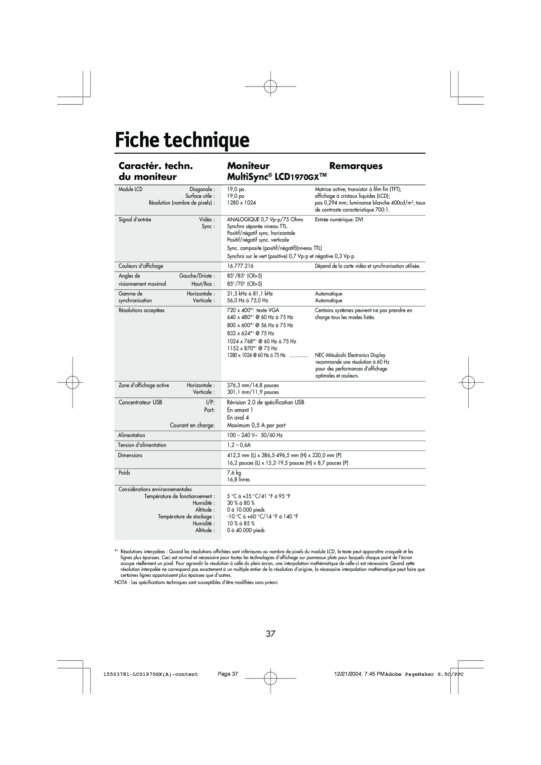 NEC user manual Fiche technique, Caractér. techn, Moniteur, Remarques, du moniteur, MultiSync LCD1970GX 
