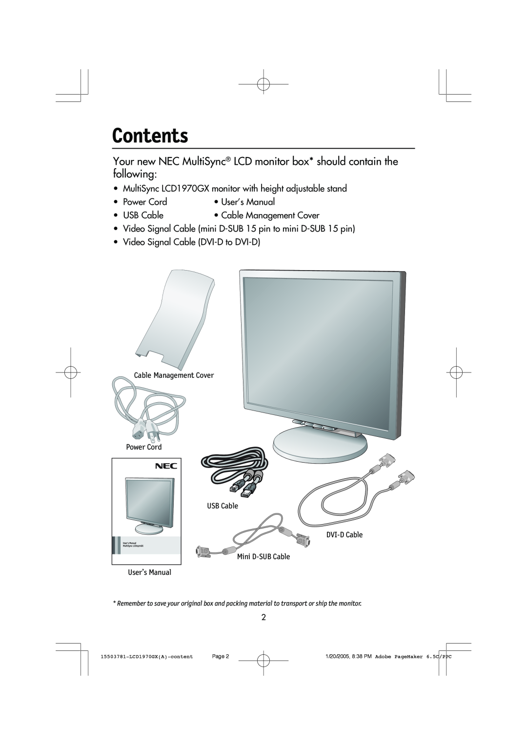 NEC user manual Contents, Cable Management Cover Power Cord USB Cable, 15503781-LCD1970GXA-content, Page 