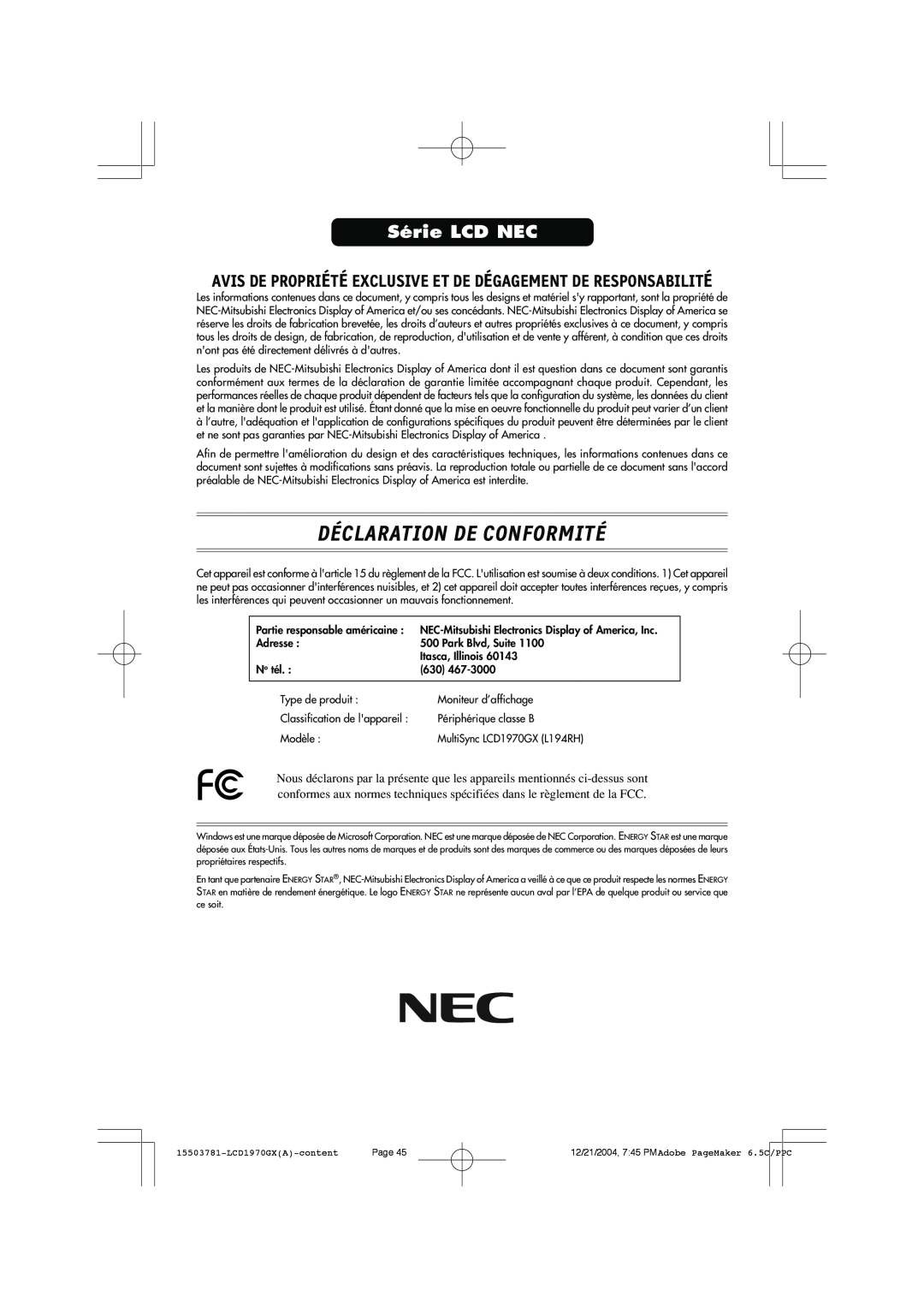 NEC LCD1970GX user manual Déclaration De Conformité, Série LCD NEC 