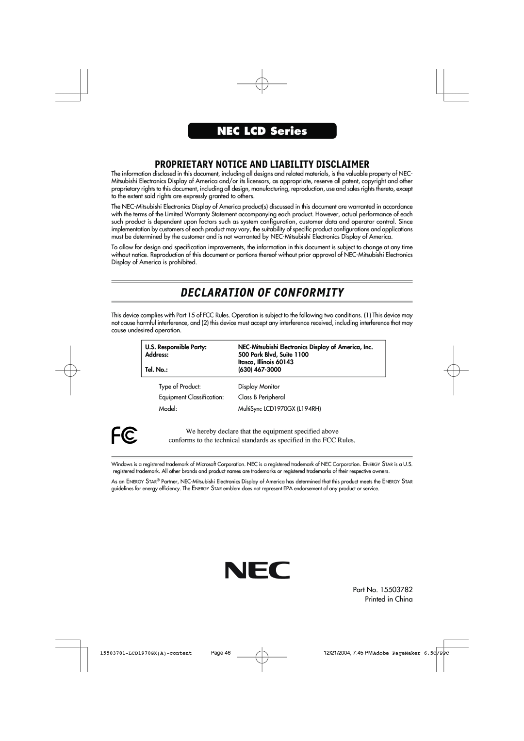 NEC LCD1970GX user manual Declaration Of Conformity, NEC LCD Series, Proprietary Notice And Liability Disclaimer 