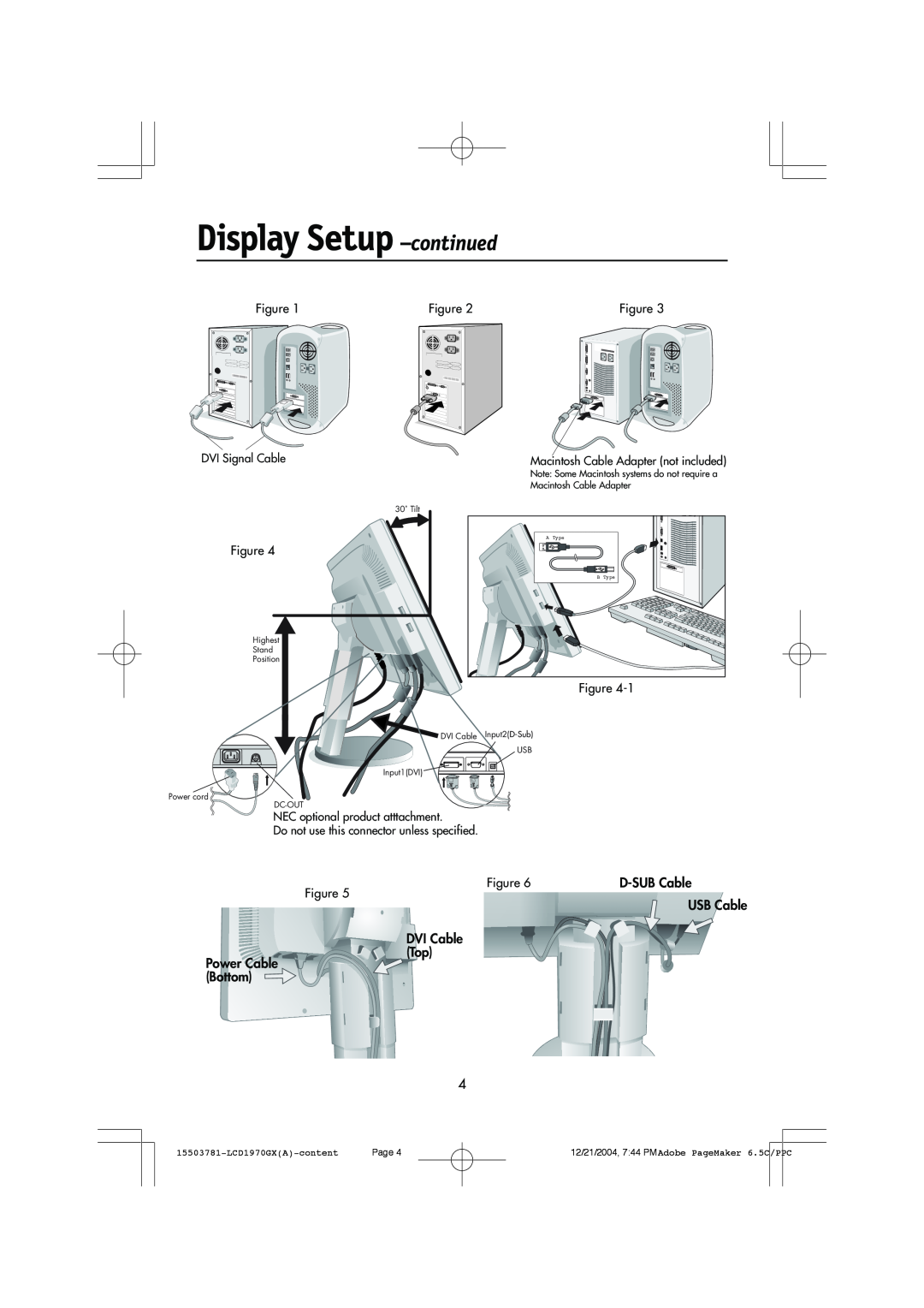 NEC Display Setup -continued, 15503781-LCD1970GXA-content, Page, 30˚ Tilt, Highest Stand Position, Input2D-Sub USB 