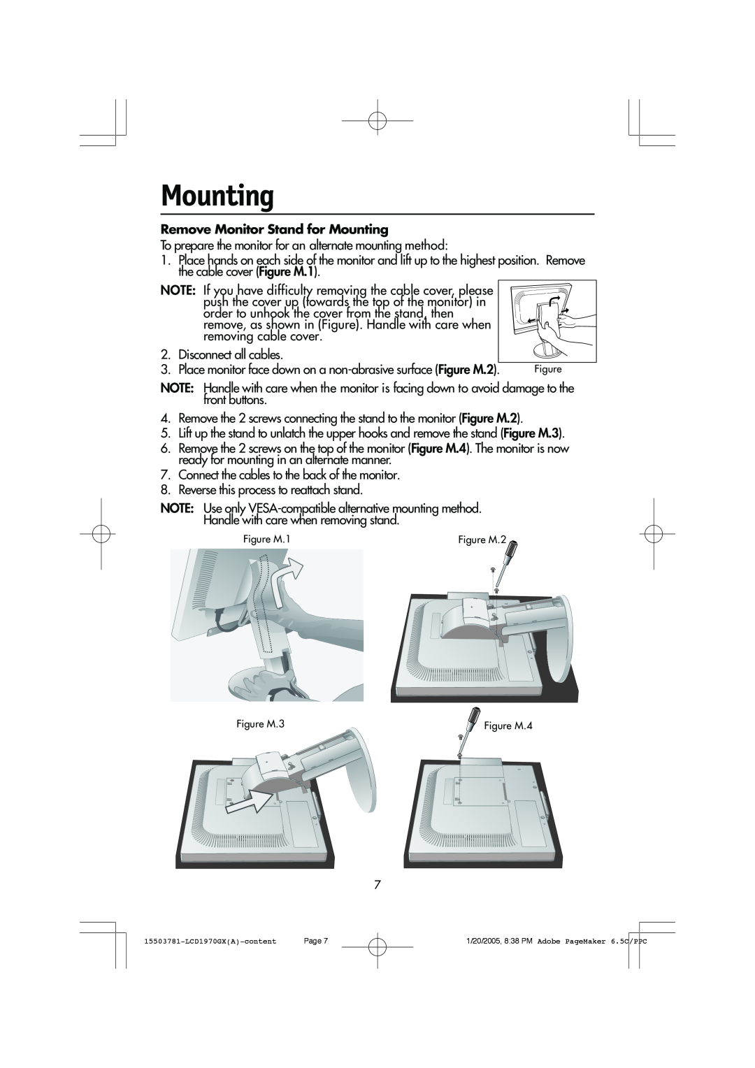 NEC LCD1970GX user manual Remove Monitor Stand for Mounting 