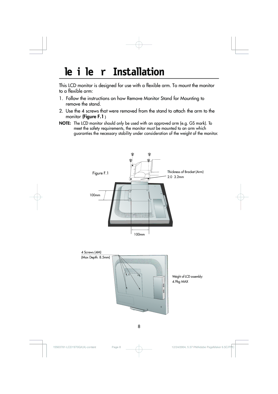 NEC LCD1970GX user manual Flexible Arm Installation, Figure F.1 