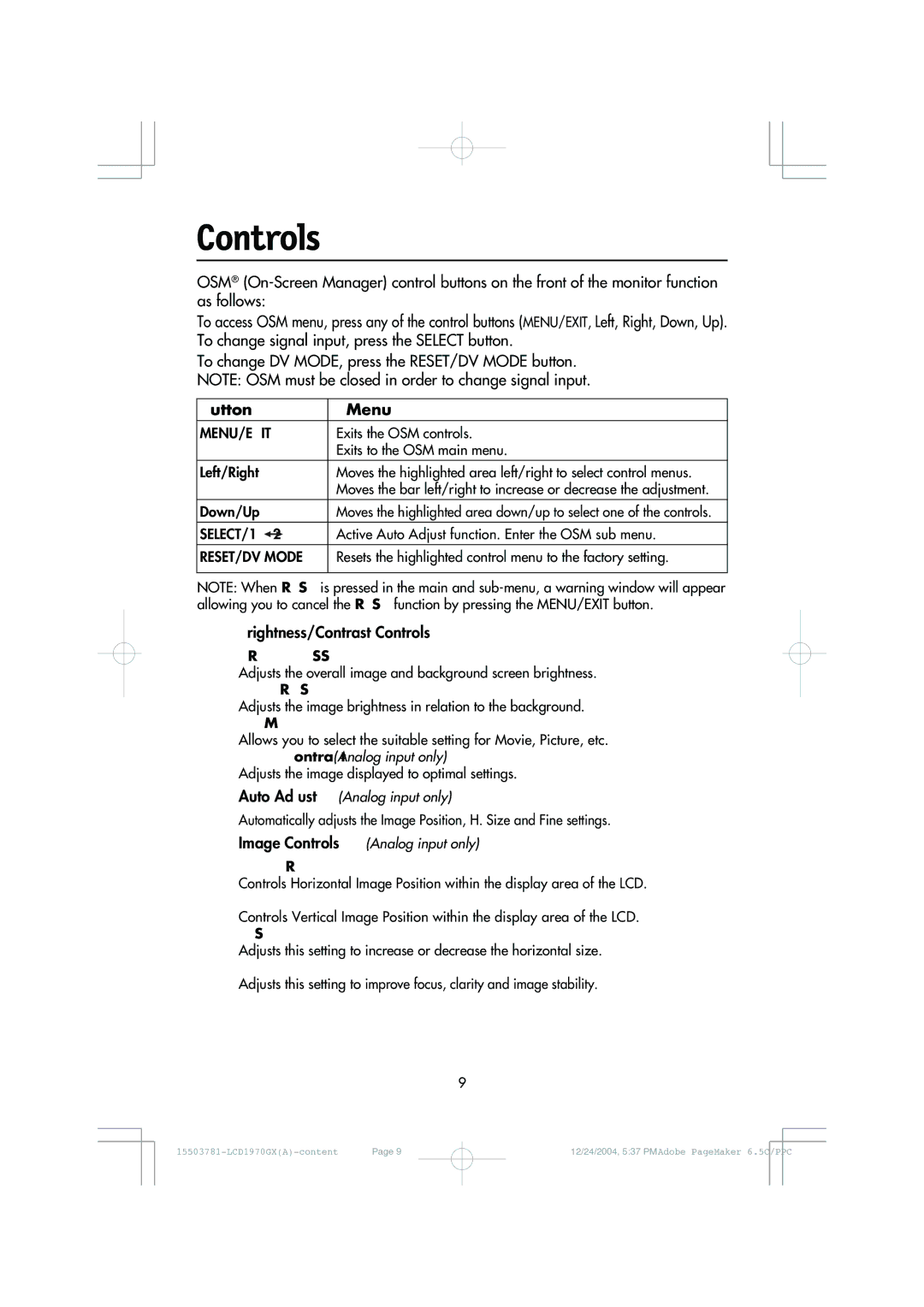 NEC LCD1970GX user manual Button Menu, Brightness/Contrast Controls 