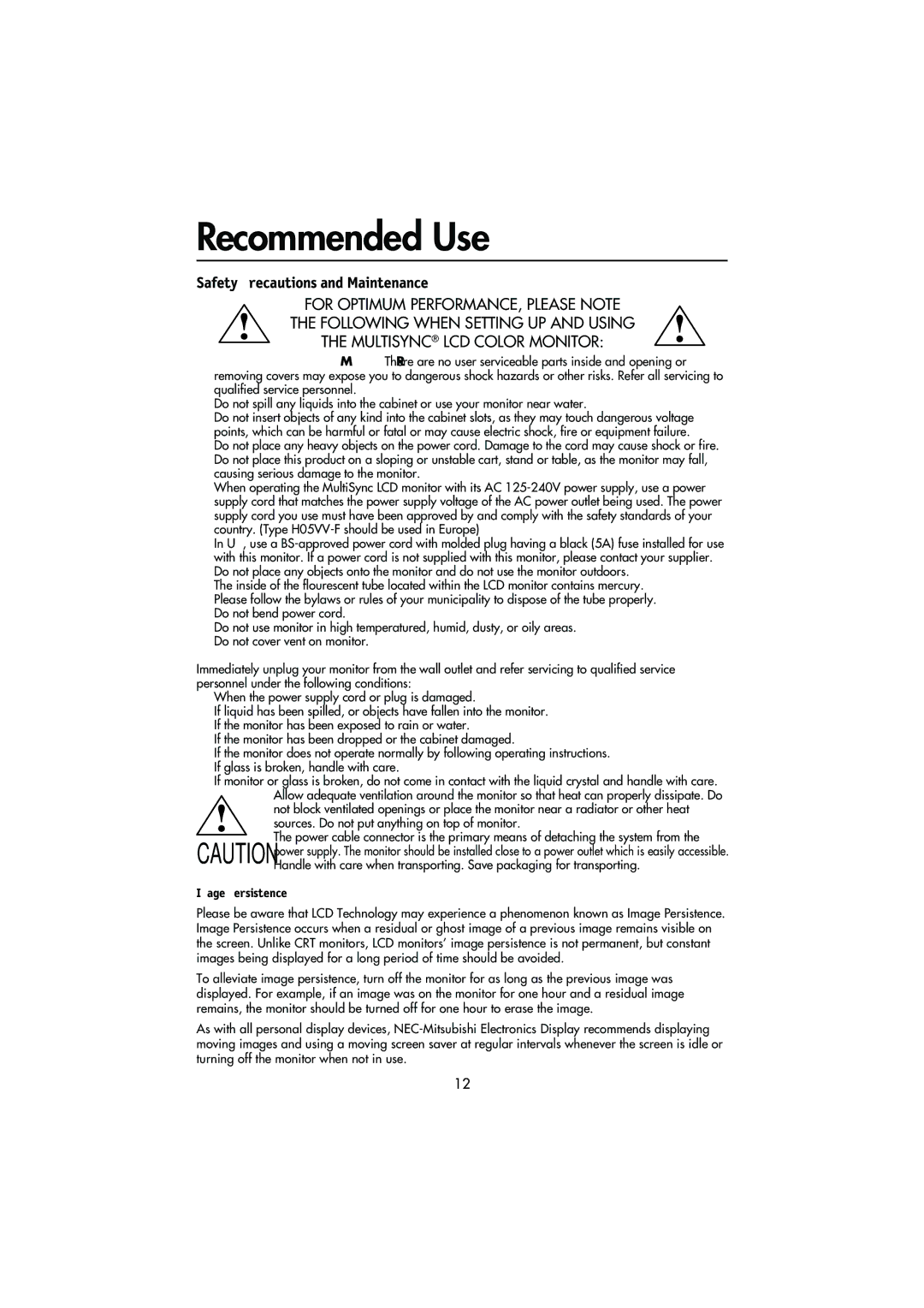 NEC LCD1970GX user manual Recommended Use, Safety Precautions and Maintenance 