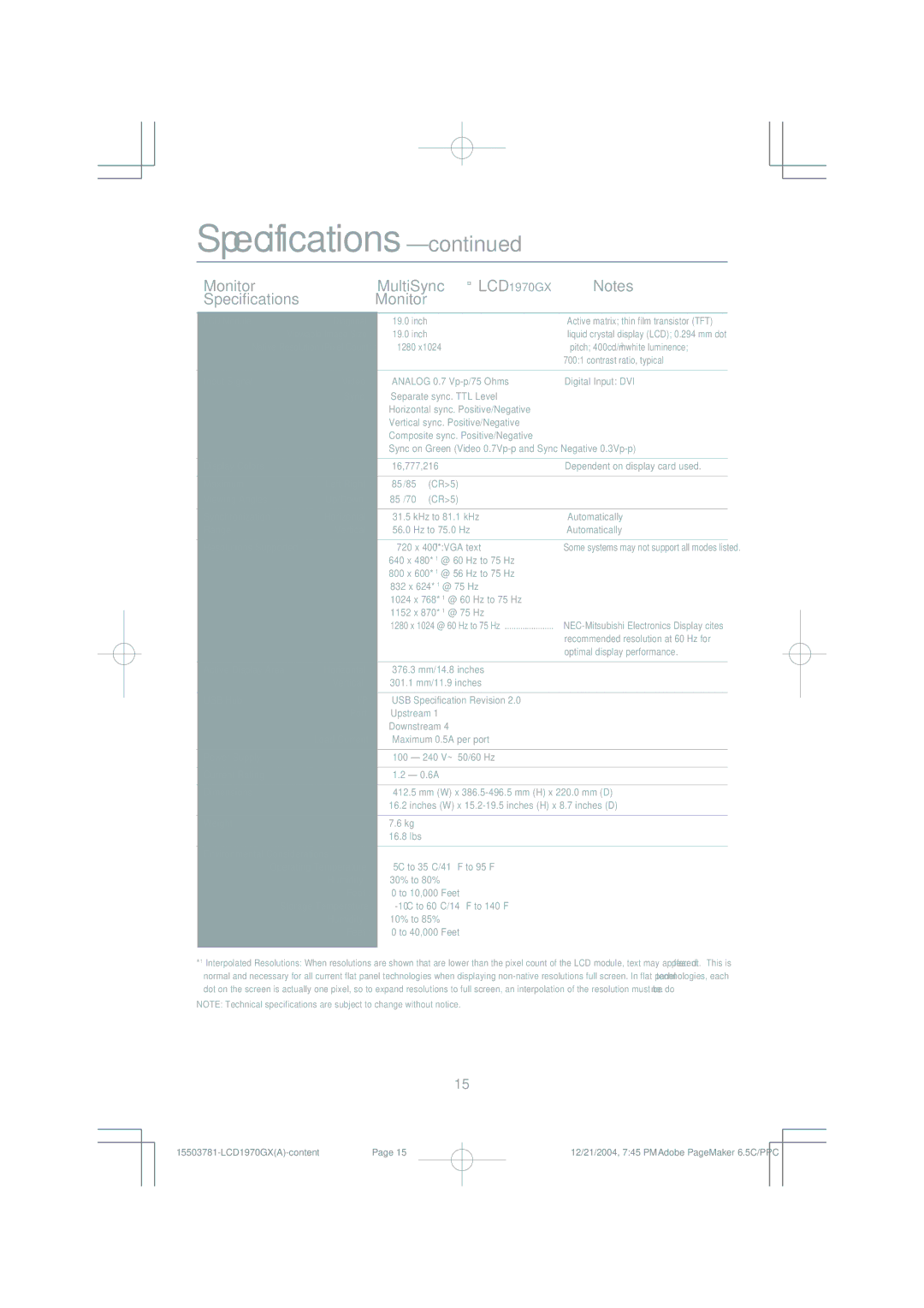 NEC user manual Monitor MultiSync LCD1970GX Specifications 