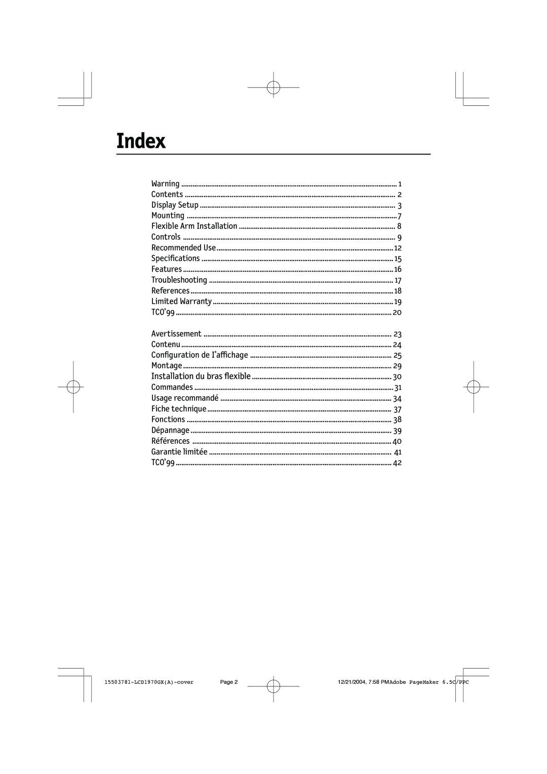 NEC LCD1970GX user manual Index, Installation du bras flexible 