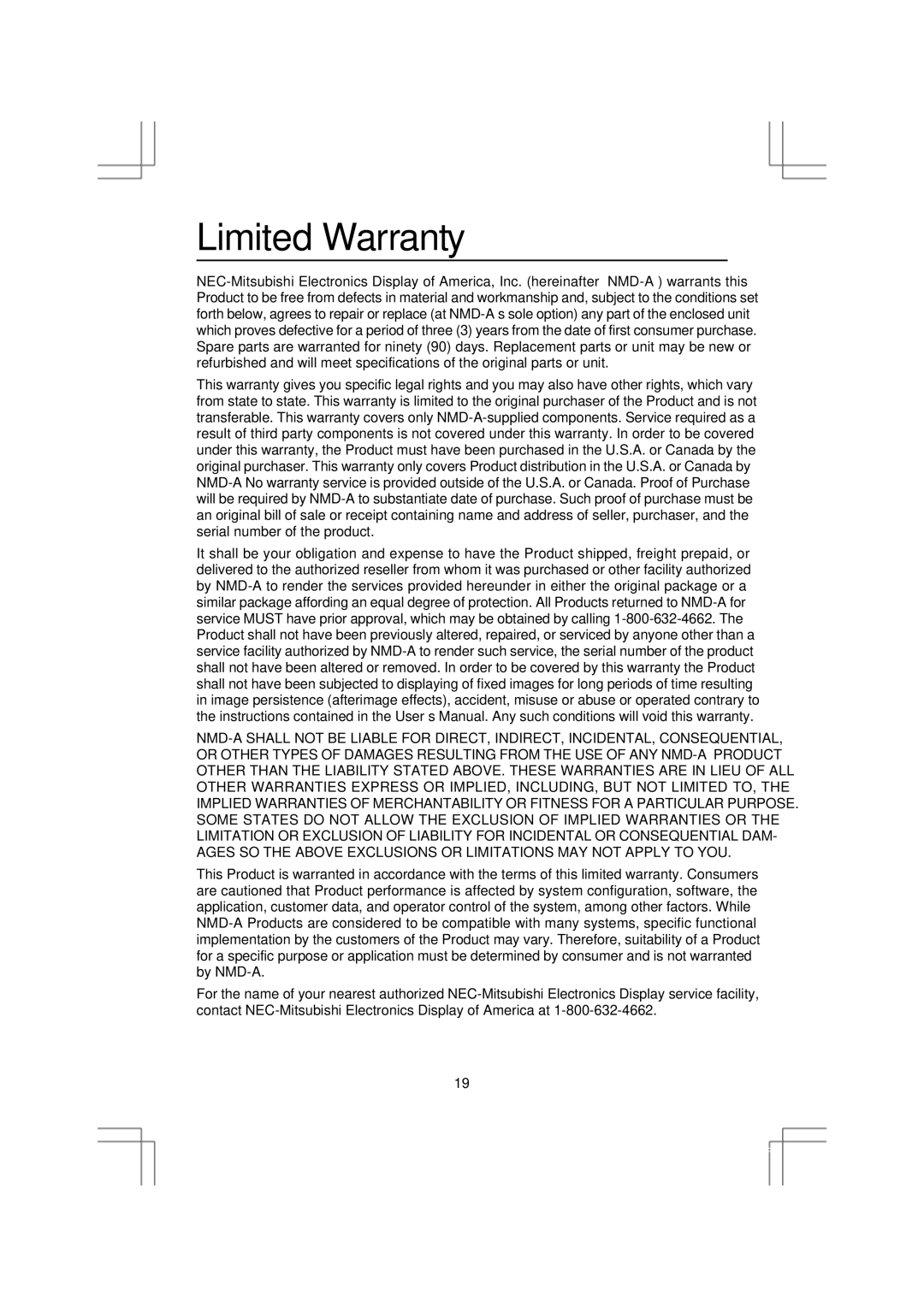 NEC LCD1970GX user manual Limited Warranty 