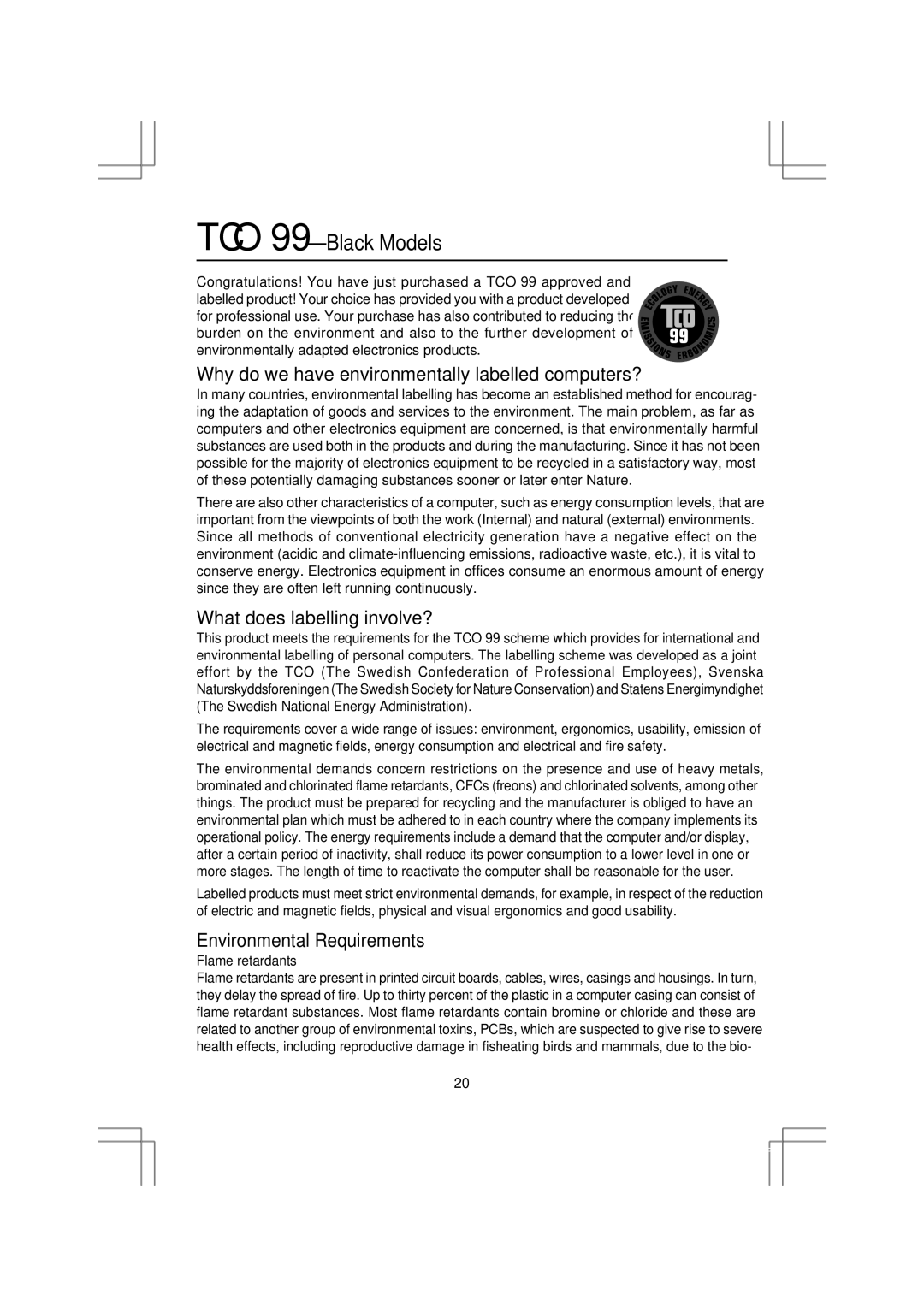 NEC LCD1970GX user manual TCO’99 -Black Models 