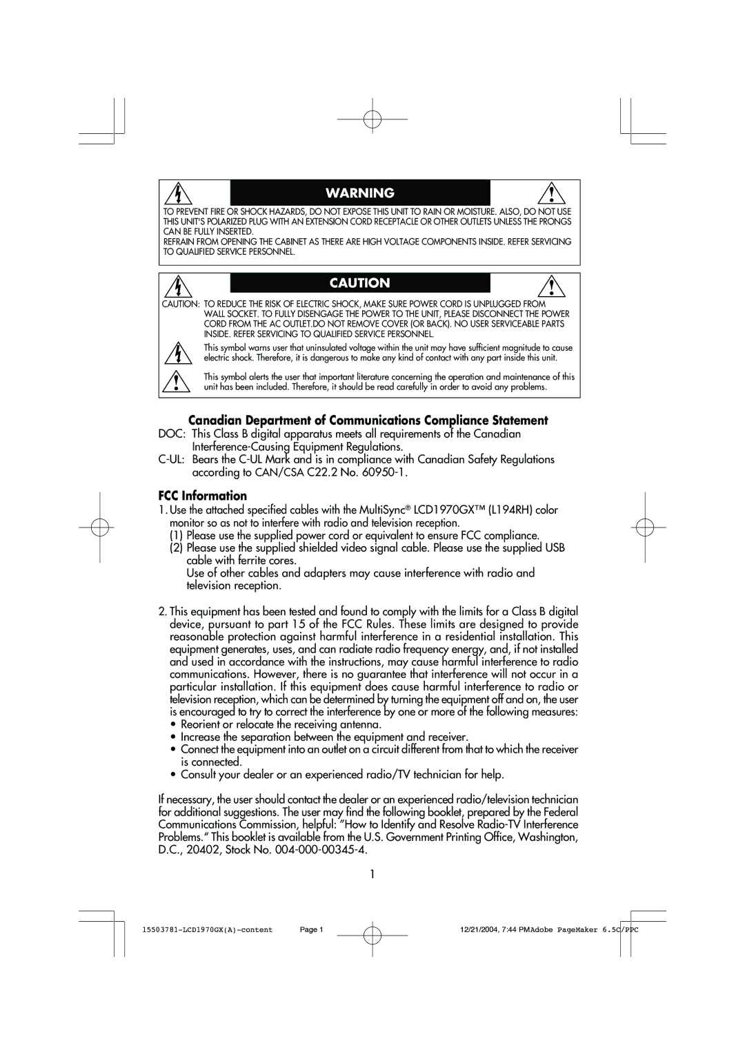 NEC LCD1970GX user manual Canadian Department of Communications Compliance Statement, FCC Information 