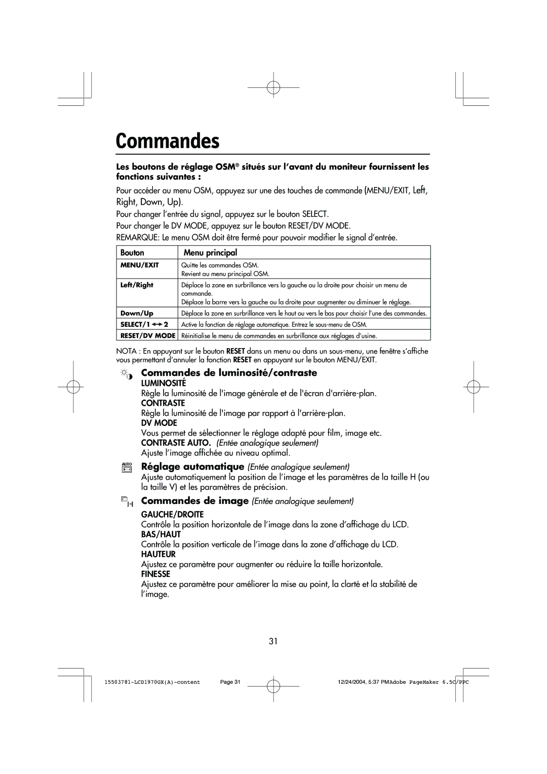 NEC LCD1970GX user manual Commandes de luminosité/contraste 