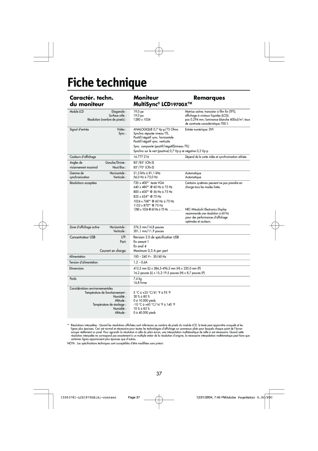 NEC LCD1970GX user manual Fiche technique, Maximum 0,5 a par port 