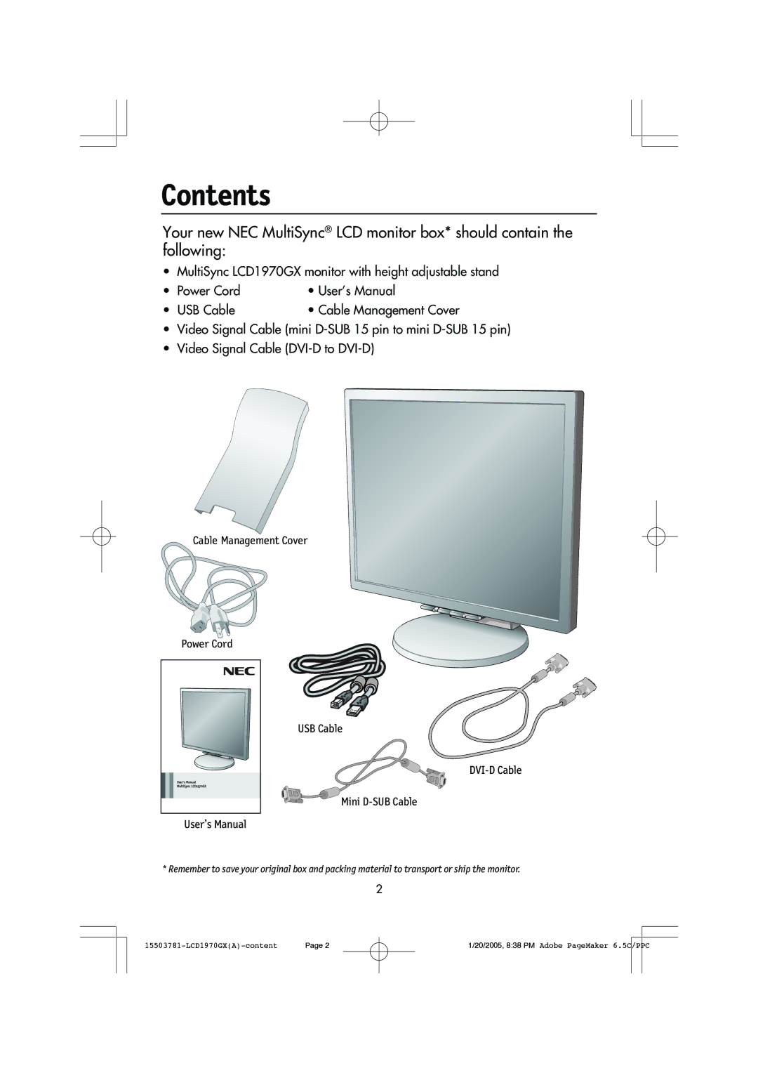 NEC LCD1970GX user manual Contents 