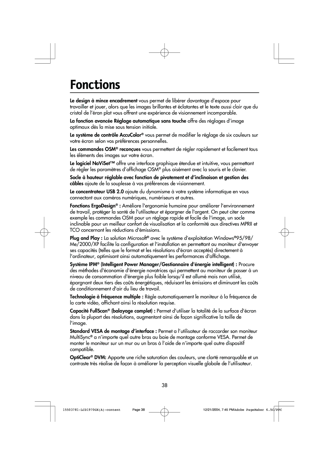 NEC LCD1970GX user manual Fonctions 