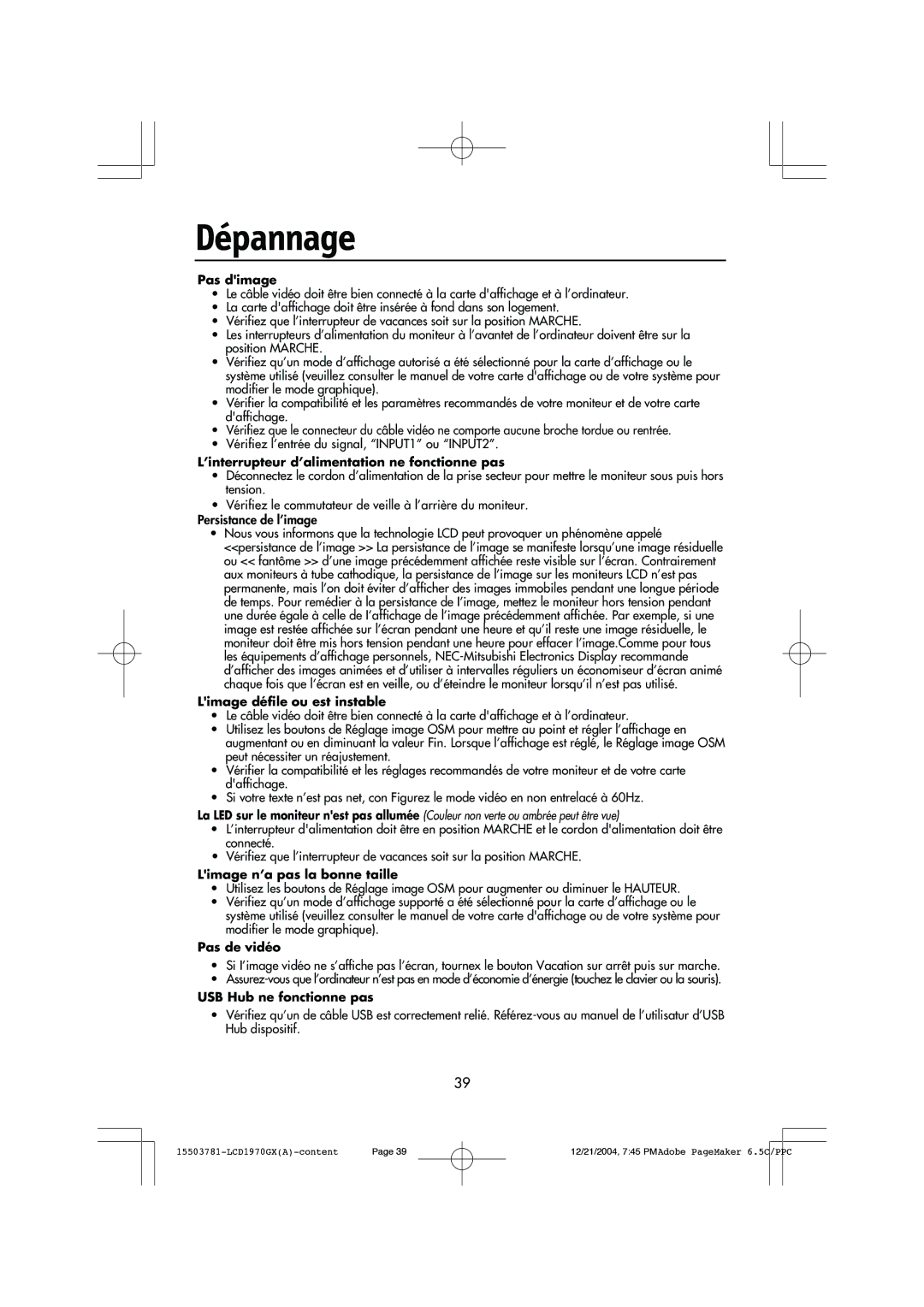 NEC LCD1970GX user manual Dépannage, Pas dimage 