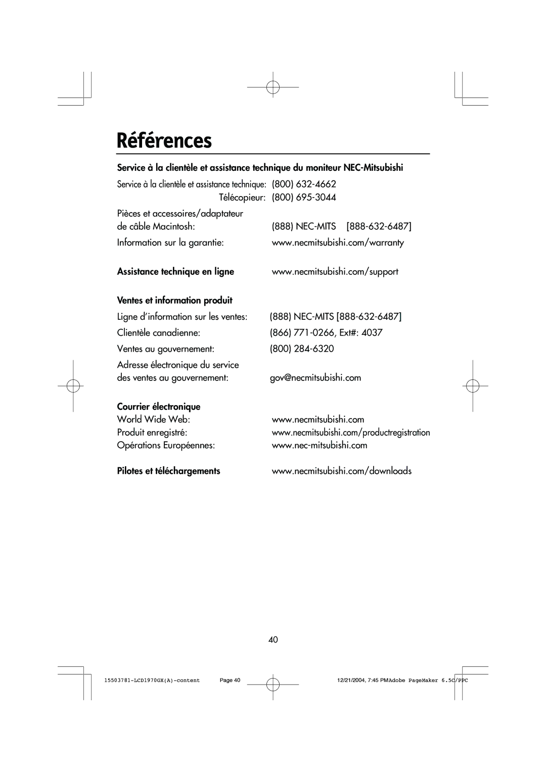 NEC LCD1970GX user manual Références 