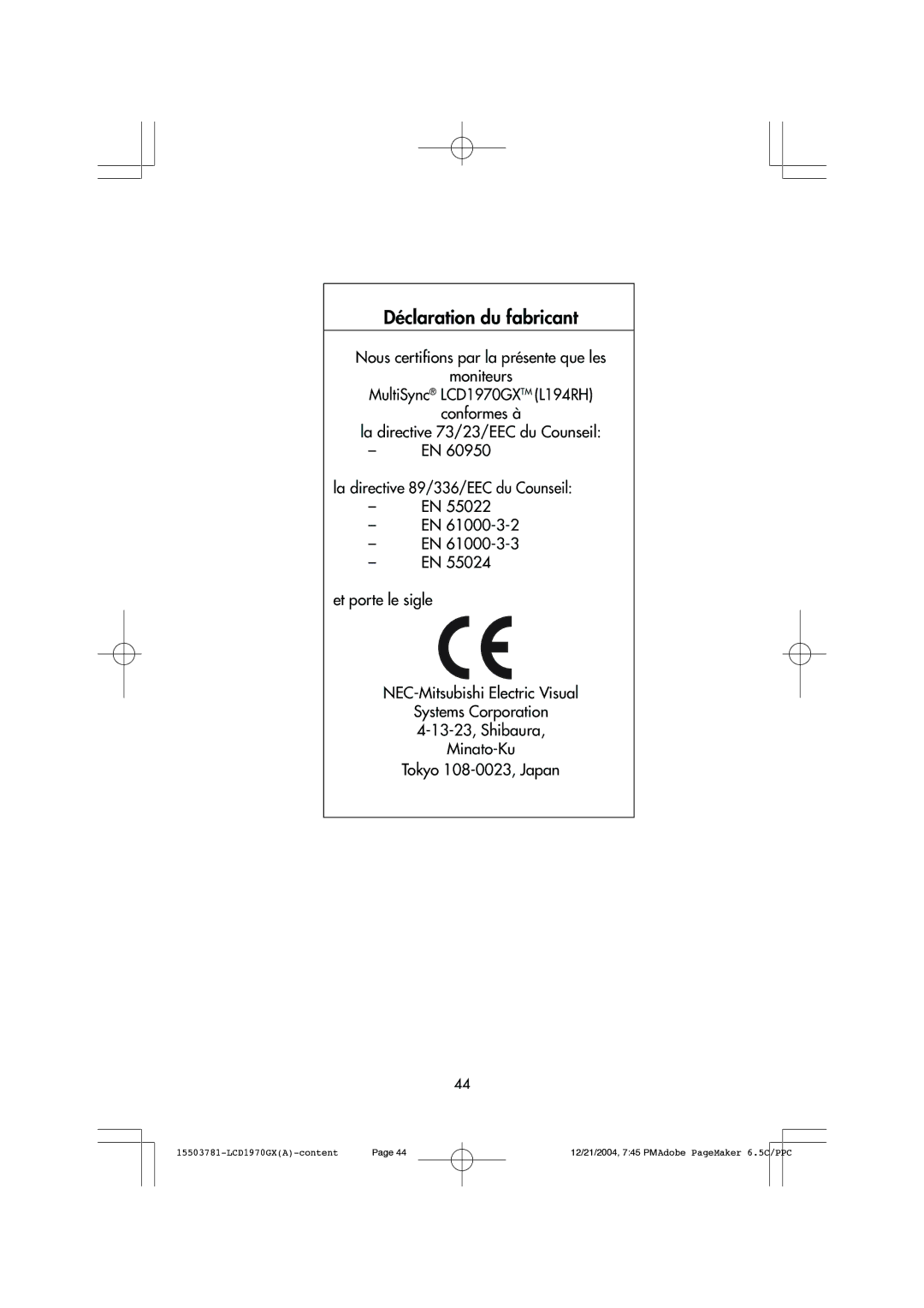 NEC LCD1970GX user manual DŽclaration du fabricant 