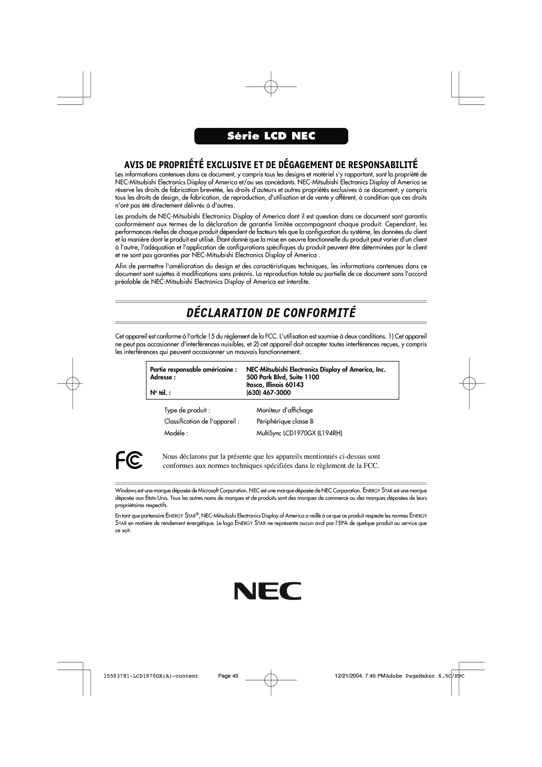 NEC LCD1970GX user manual Déclaration DE Conformité 