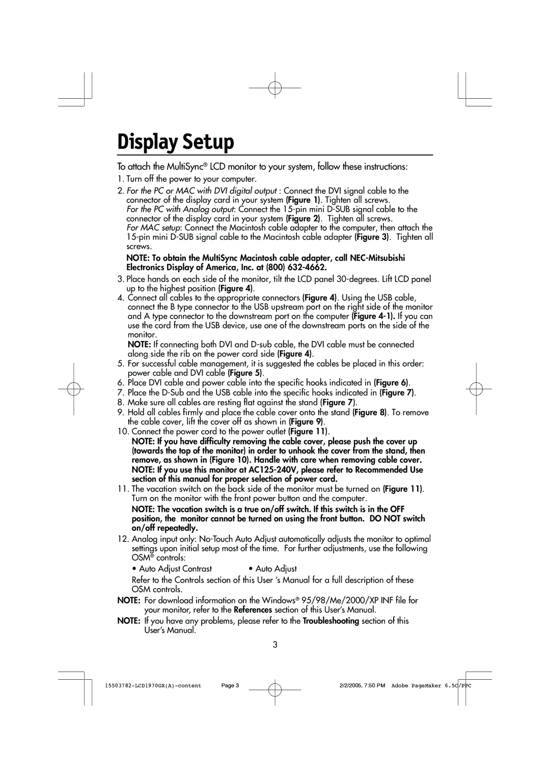 NEC LCD1970GX user manual Display Setup, Turn off the power to your computer 