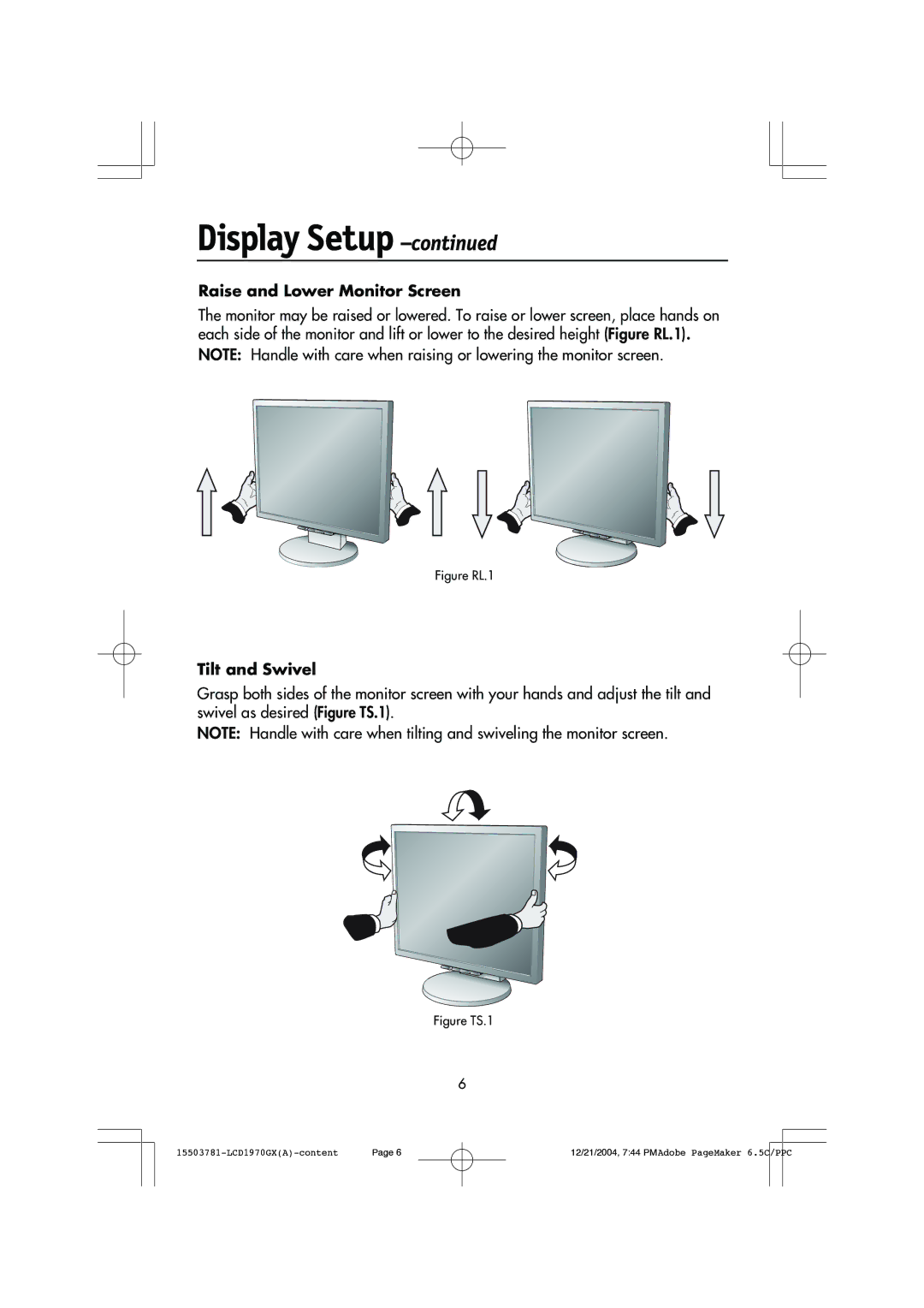 NEC LCD1970GX user manual Raise and Lower Monitor Screen, Tilt and Swivel 