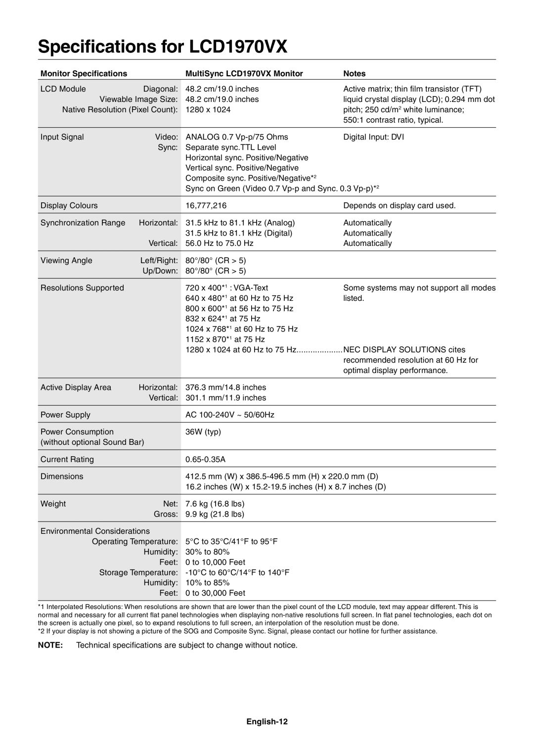 NEC LCD1970NXp user manual Specifications for LCD1970VX, Monitor Specifications, MultiSync LCD1970VX Monitor, English-12 