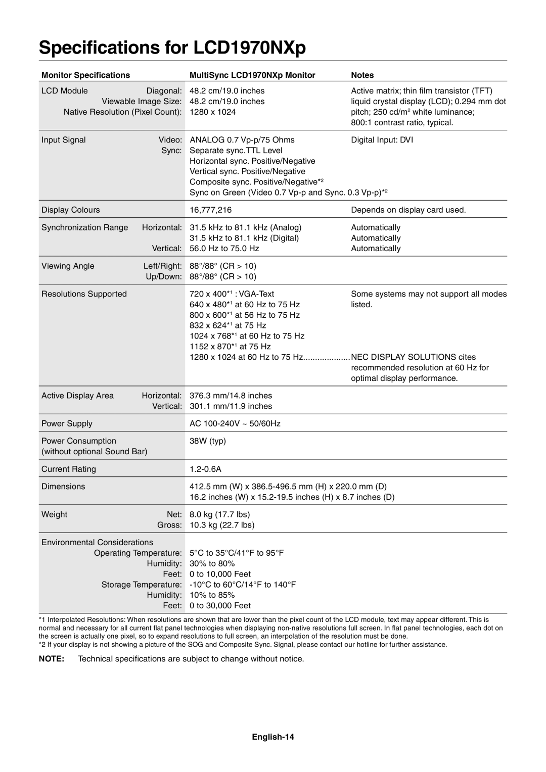 NEC LCD1970VX user manual Specifications for LCD1970NXp, Monitor Specifications, MultiSync LCD1970NXp Monitor, English-14 