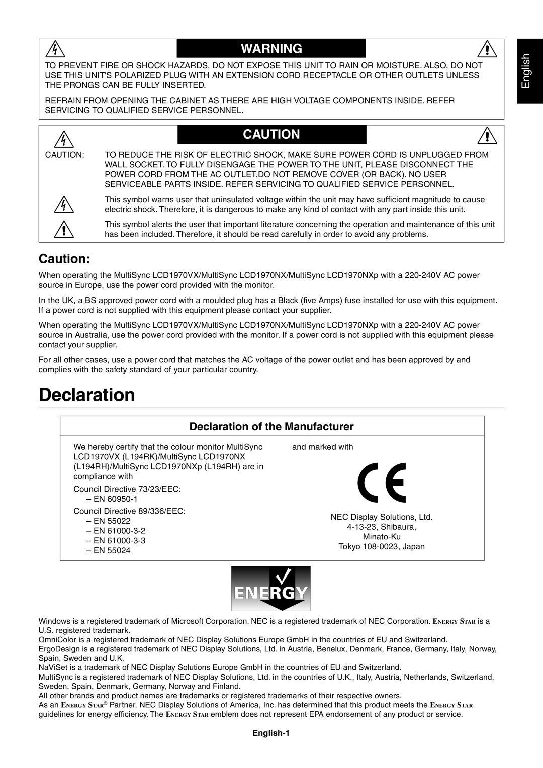 NEC LCD1970VX, LCD1970NXp user manual Declaration of the Manufacturer, English-1 