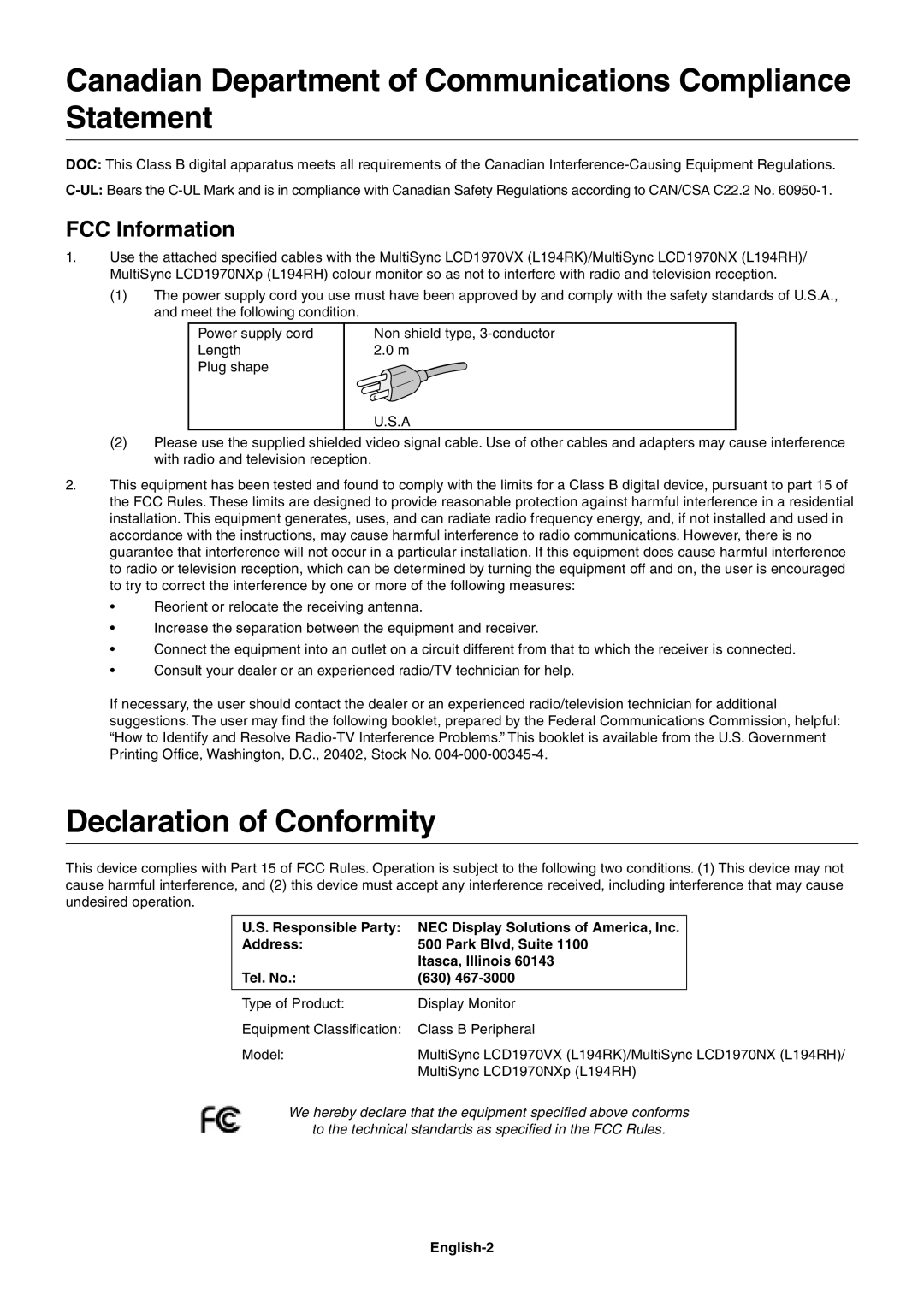 NEC LCD1970VX Canadian Department of Communications Compliance Statement, Declaration of Conformity, FCC Information 